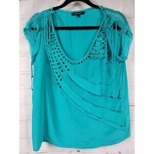 NANETTE LEPORE Turquoise Ruffled Blouse Womens 6 Bows Beaded Y2K Cute Blue Teal